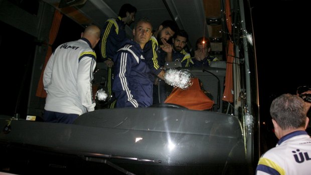 Fenerbahce players on the team bus which came under fire while it was driving through Trabzon.