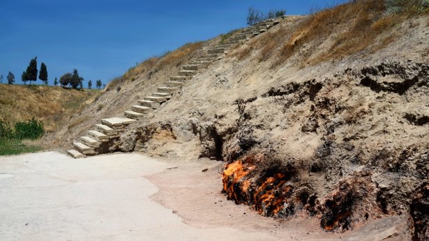 Yanar Dag (meanin 'burning mountain') is a natural gas fire which blazes continuously on a hillside on the Absheron Peninsula.