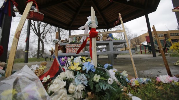 A memorial for Tamir Rice rests on a picnic table outside the Cudell Recreation Centre, Cleveland, on Tuesday.