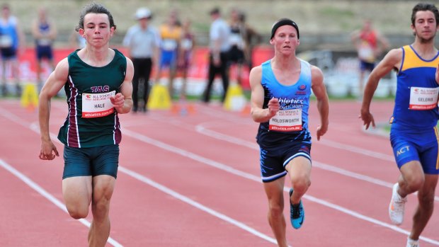 Jack Hale (left) during the first round of the 100 metres sprint at the Australian All Schools Championships at the South Australia Athletics Stadium on Saturday.