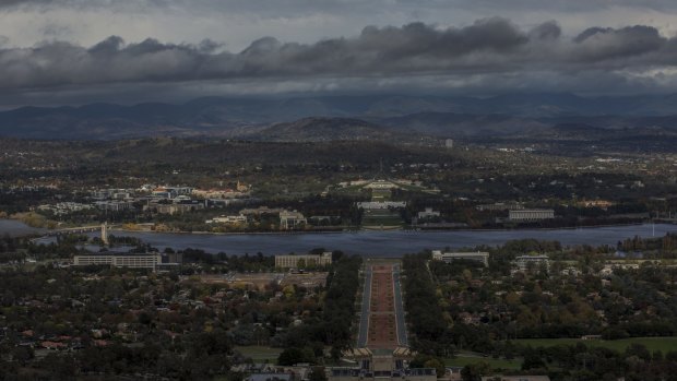 A view of Canberra's gloomy weather from Mt Ainslie on Monday.