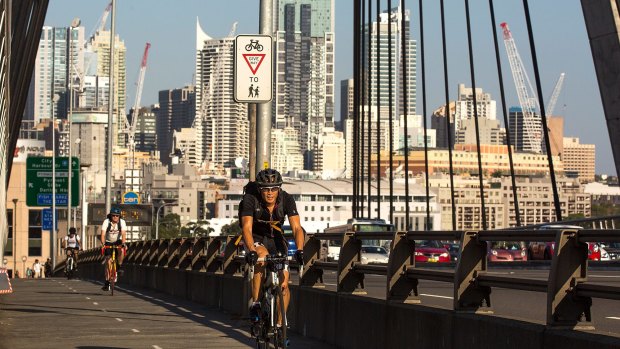 Cyclists on Anzac Bridge. More cycling trips than ferry trips are made in Sydney every day. 