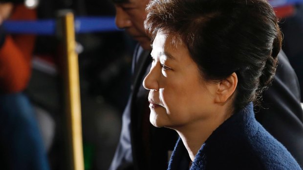 South Korea's ousted leader Park Geun-hye arrives at the prosecutor's office in Seoul on March 21.