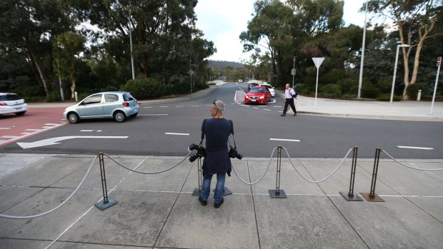 Media pen at the ministerial entrance at Parliament House in Canberra.