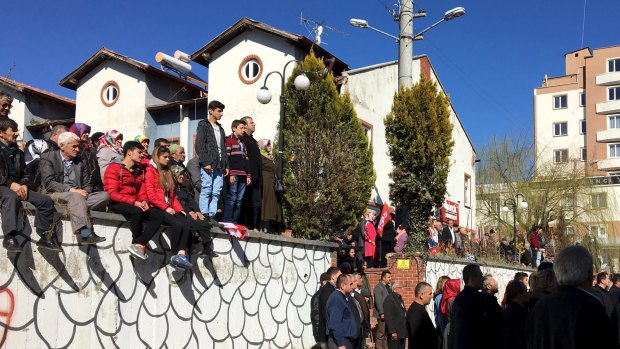 Residents listen to President Recep Tayyip Erdogan speak at a rally in the provincial northern city of Kastamonu on March 22. To his admirers, Erdogan is still someone who provides more stability than division.  