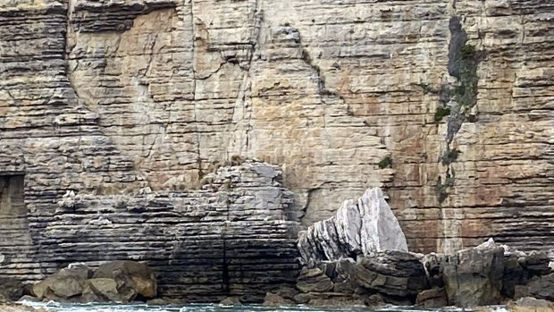 The sea has carved a "map" of Australia's east coast in the cliffs of Point Perpendicular.
