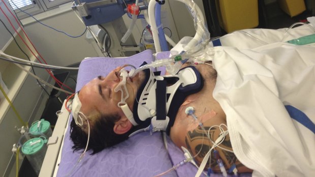 Victim Matt Pridham in Canberra Hospital after the attack.
