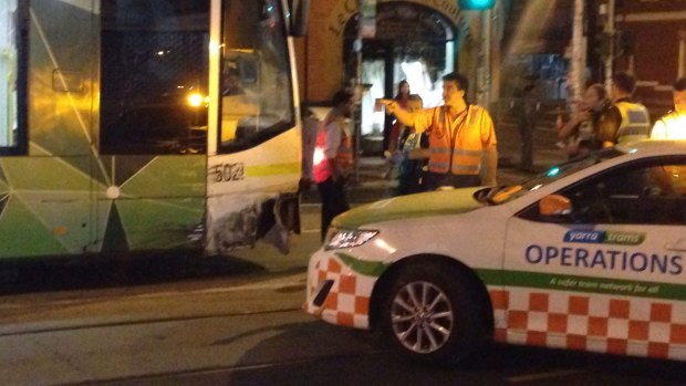 Police are hunting the occupants of a ute which slammed head-on with a tram in Brunswick.  