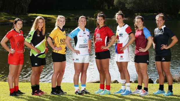 Player representatives from all teams pose during the AON Women's University Sevens Launch at Macquarie Uni.
