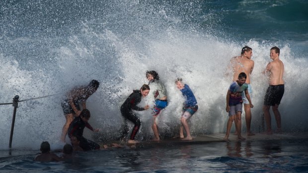 Large swells are pounding Australia's east coast, including the Bronte Beach ocean pool in Sydney.