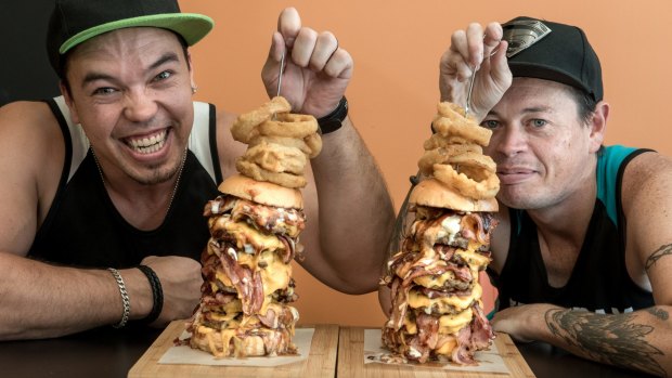 Riley Murphy AKA Chompamatic and Cal Stubbs AKA HulkSmashFood at Burgled in Carrum Downs. They are pros at eating competitions.   