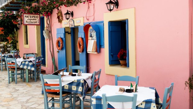 Colourful restaurant scene in Fiskardo.