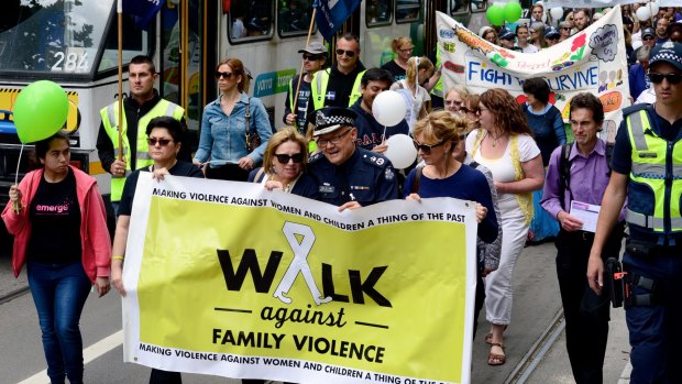 Rosie Batty (mother of Luke Batty murdered in February by his father) and Chief Commissioner of Victoria Police Ken Lay led the Walk Against Family Violence in the CBD on White Ribbon Day, 2014.