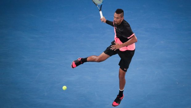 Up to the challenge: Nick Kyrgios in action against Grigor Dimitrov at Rod Laver Arena.