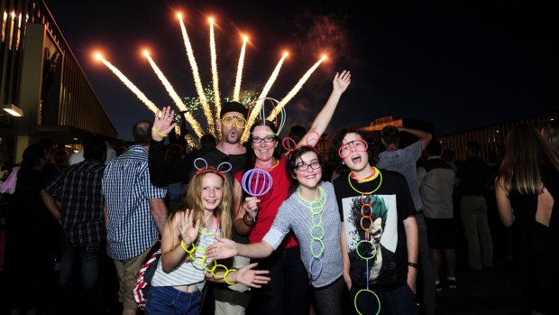  Celebrating New Years Eve at Civic Square in Canberra are from left, Yasmine Newitt,11 of Holt, Peter Vast of Holt, Katrina Newitt of Holt, Llewella Yabsley,10 and Johann Yabsley,12 both of Page. 