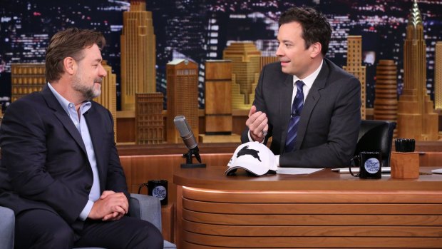 Fun and games: Russell Crowe during an interview with Jimmy Fallon on The Tonight Show.