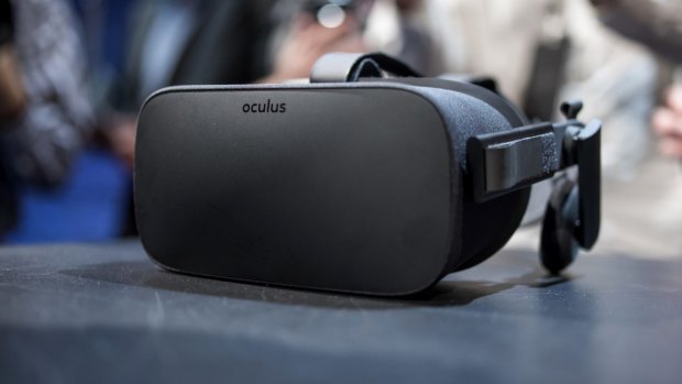 The Oculus VR Rift headset is displayed for a photograph during the "Step Into The Rift" event.