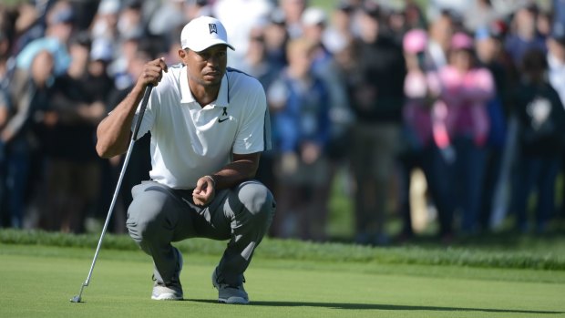 Fallen star: Tiger Woods lines up a putt at the Farmers Insurance Open.