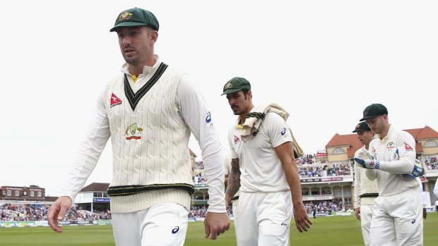 Gutted: Shaun Marsh and Mitchell Johnson walk from the ground during day two of the 4th Ashes Test at Trent Bridge. 