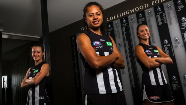 Collingwood players (from left) Alicia Eva, Helen Rodan and Nicola Stevens are reading for their historic moment.