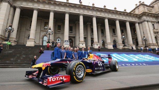 A Red Bull Formula One car is seen on the steps of Parliament, ahead of the 2015 Melbourne Formula One Grand Prix which starts next week. 