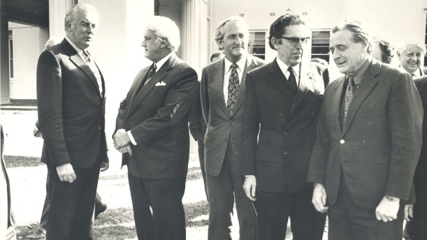 From left, Gough Whitlam, Sir John Kerr, Tom Uren, Kep Enderby and Jim Cairns at Government House.