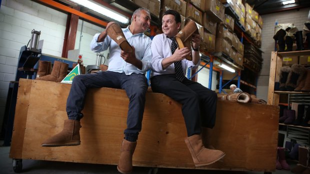 Ugg boot manufacturer Eddie Oygur and Senator Nick Xenophon don a pair of ugg boots to highlight the upcoming battle against a US global footwear brand to use the word 'ugg'.