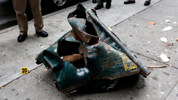 A view of a mangled construction toolbox at the site of an explosion that occurred on Saturday night in New York.