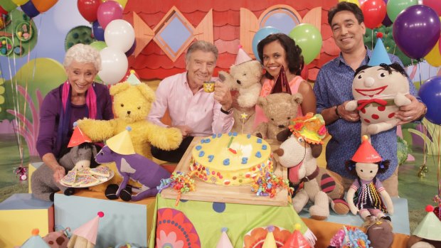Stories to tell ... Don Spencer with other presenters on set celebrating Play School's 50th year.