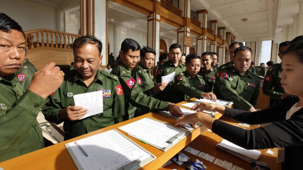 Military-appointed members of the Myanmar parliament attending the final session of the previous parliament on January 29. Twenty-five per cent of the MPs in the new parliament are drawn from the military.