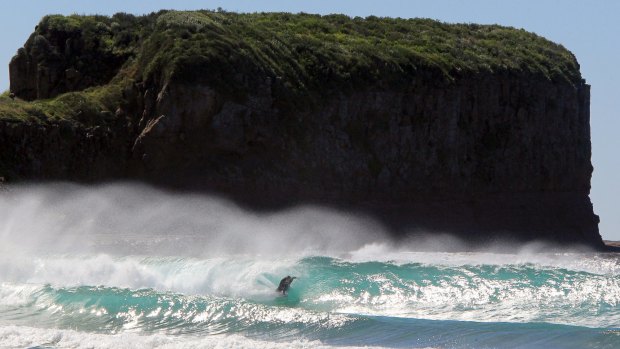 A surfer battles the waves at Bombo Beach.