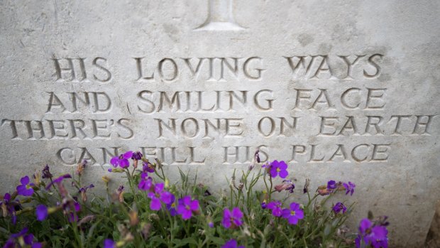 An inscription on a headstone in the Pozieres British Cemetery near Albert, France.