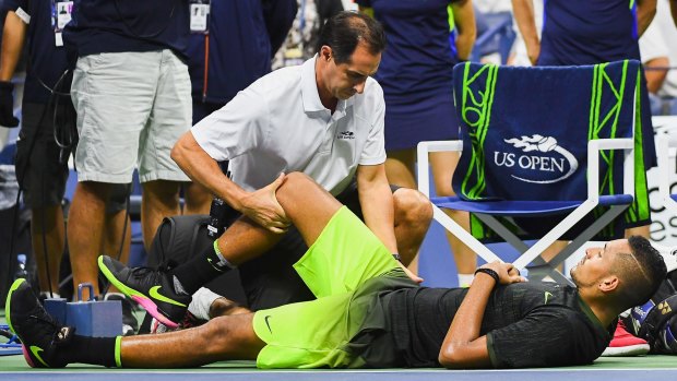 Abrupt end: Nick Kyrgios was forced to retire from his third-round match at the US Open due to a hip problem.