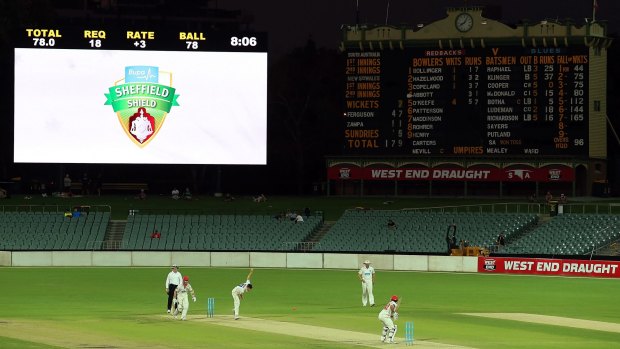 South Australia and New South Wales play in a day-night Sheffield Shield match at the Adelaide Oval last year.