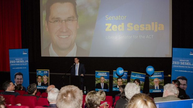 Liberal senator for the ACT Zed Seselja addresses supporters at Sunday's campaign launch.