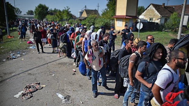 Migrants wait in a line to board buses at Tovarnik train station in Serbia.