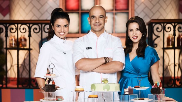 Gigi Falanga, Adriano Zumbo and Rachel Khoo oversee the action on <i>Zumbo's Just Desserts</i>.
