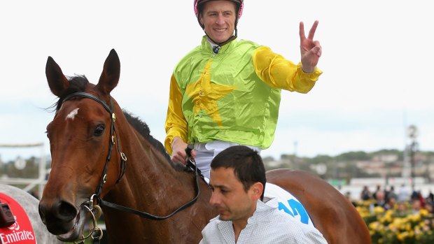 Thundered home: Blake Shinn celebrates after Thunder Lady powered home at $31 in the Wakeful Stakes.
