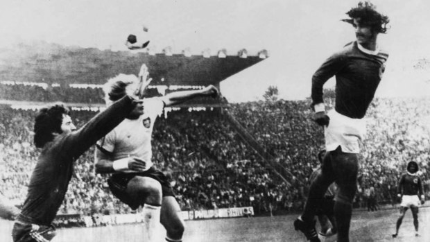 West Germany's Gerd Mueller scores with a header against Australia during their 1974 World Cup match.