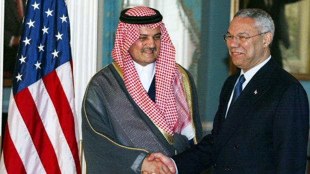 Prince Saud with US Secretary of State Colin Powell in Washington in 2002.