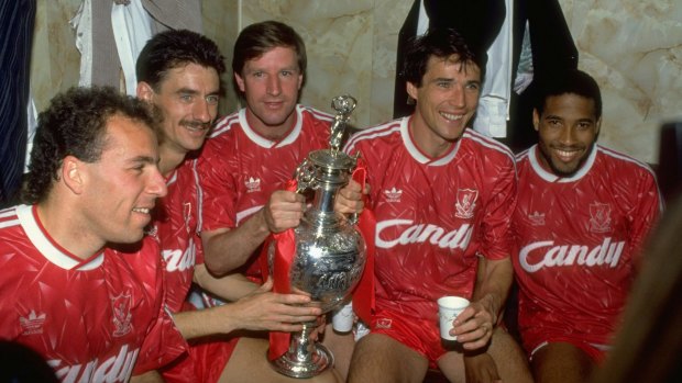 Back in the day: John Barnes (right) with one-time Livepool teammtes (from left) Ronnie Rosenthal, Ian Rush, Ronnie Whelan and Alan Hansen in 1990.