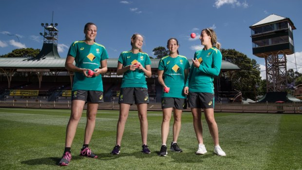 Awesome foursome: Australian fast bowlers Tahlia McGrath, Lauren Cheatle, Megan Schutt and Ellyse Perry will make history on Thursday.
