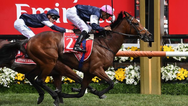 Rekindling, ridden by Corey Brown, wins the Melbourne Cup.