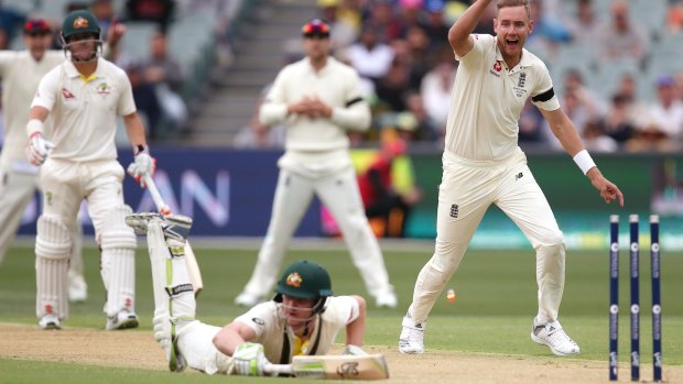 The celebration: England's Stuart Broad reacts after Cameron Bancroft was run out.