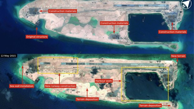 A comparison image supplied by defence publisher IHS Jane's in May 2015 shows the progress of construction on Fiery Cross Reef.