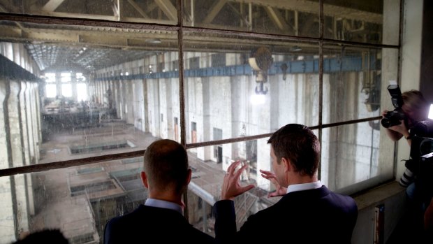 NSW Premier Mike Baird and Planning Minister Rob Stokes at White Bay Power Station.