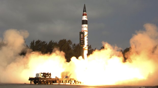 Indian Ministry of Defence photograph from 2012 showing it successfully test launched a  nuclear-capable missile