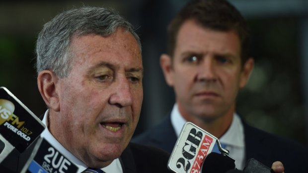 Duncan Gay and Premier Mike Baird at a press conference on Wednesday. 