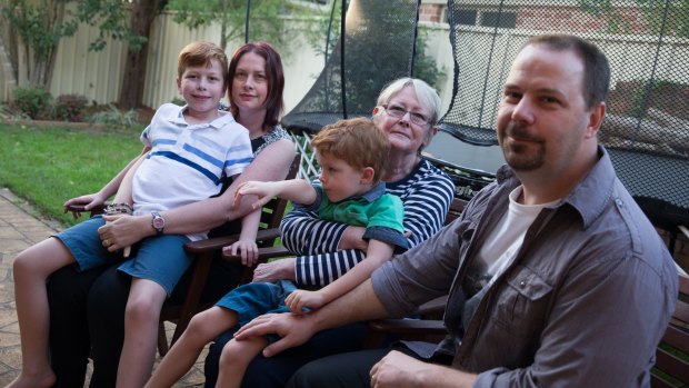 Brett and Deborah Hallen, with Sue Hubert (Brett's mother in law) and children Darcy, 9, and Rhys, 4. The family are preparing to move to Britain if Ms Hubert's visa application is refused a second time. 