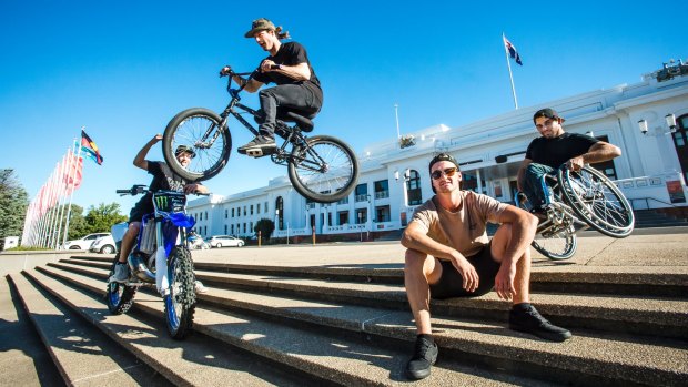 Jarryd McNeil, Kurtis Downs, Canberra's Harry Bink and Aaron 'Wheelz' Fotheringham hit the steps of Old Parliament House ahead of Saturday's world premiere.